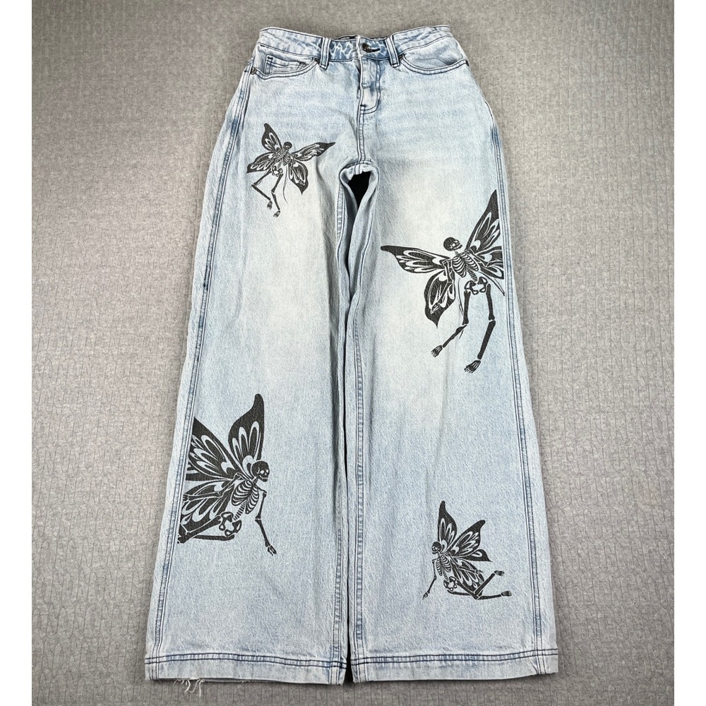 Hot Topic Skeleton Fairy Jeans Women 1/26x30 Light Blue Wide Leg Goth Fairycore